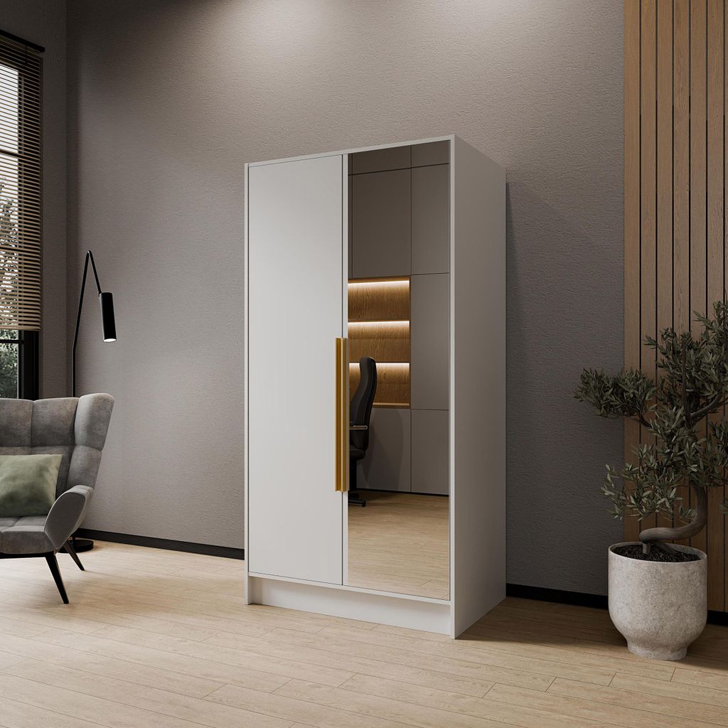 Drehtürenschrank LARO 100 cm Moderner Kleiderschrank mit Spiegel und glatten Türen, Weiß mit goldene Griffe