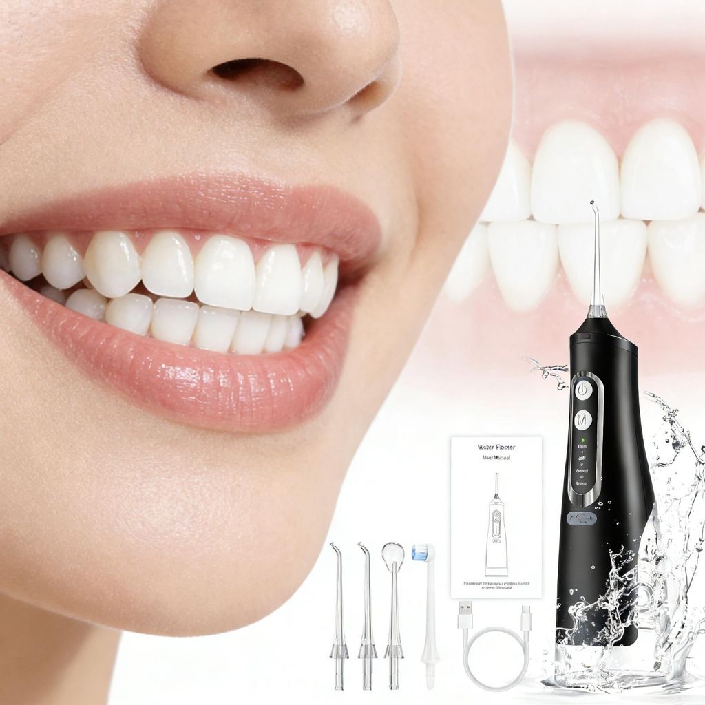 OKWISH Munddusche Kabellos, Tragbar Elektrische Zahnreiniger, 310ML Wassertank Wiederaufladbar Zahndusche Doppelt Wasser Zähne Flosser, IPX7 Wasse...