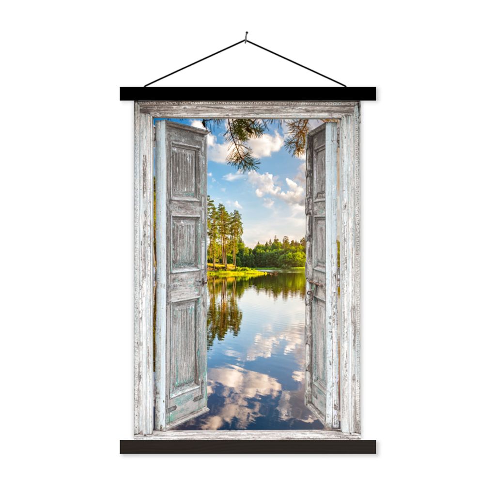 MuchoWow Textilposter Wasser - Landschaft - Fenster - Aussicht 60x90 cm mit schwarzem Rahmen - Poster Wohnzimmer