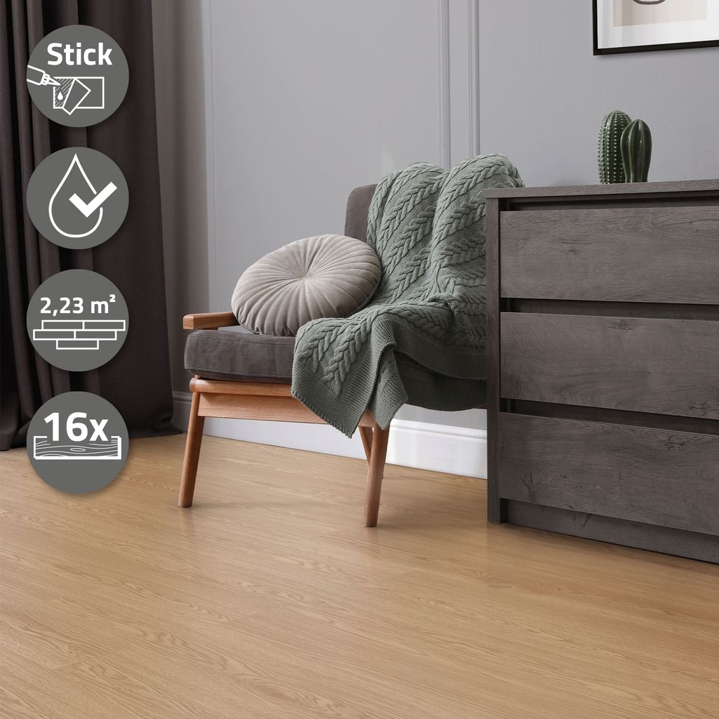 ML-Design Selbstklebende PVC Bodenbelag, 2,23 m²/16 Vinyl-Dielen, Eiche Sundance