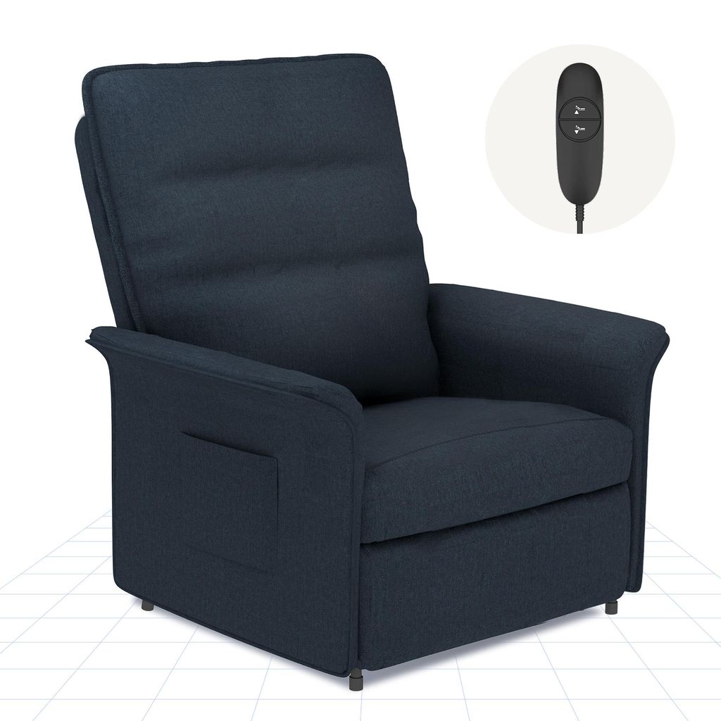 A dark blue upholstered electric recliner chair shown from a slightly angled front view against a white background. A black remote control with two buttons is shown in a small circular inset in the upper right corner.