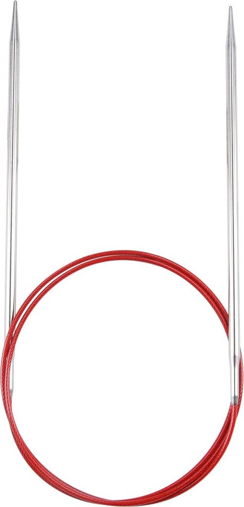 A pair of circular knitting needles with a red cable, isolated on a white background.