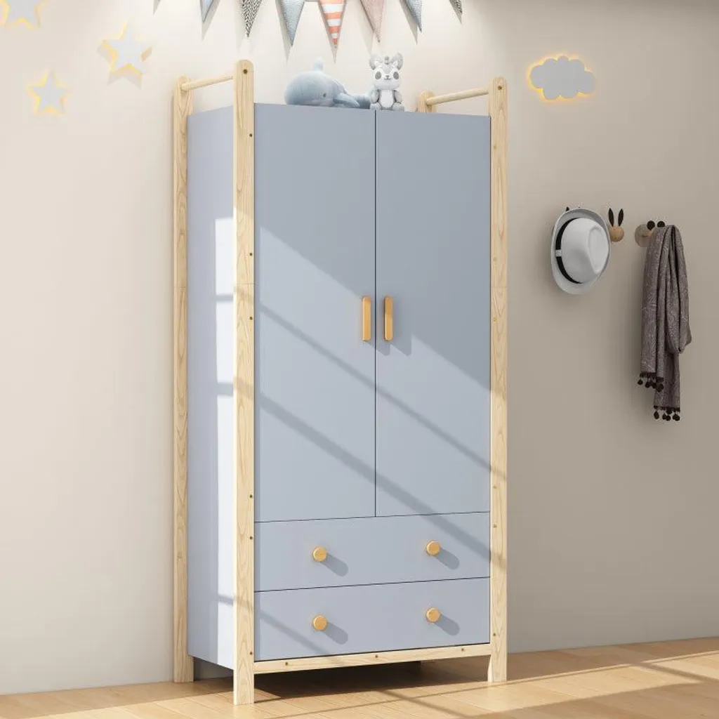 Penderie en bois bicolore bleu et pin - Armoire de rangement modulable