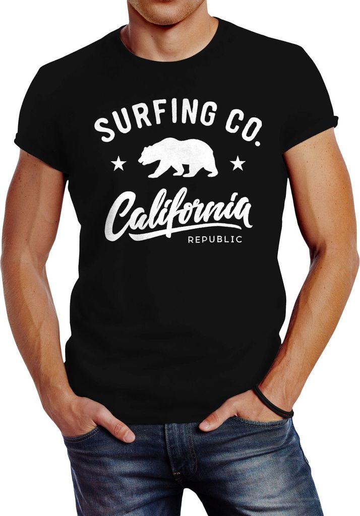 Herren T-Shirt California Republic Bear Bär Sommer Surfing Slim Fit Neverless schwarz 5XL