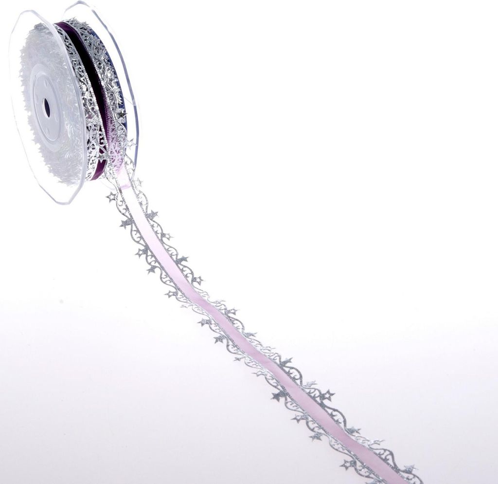 Organzaband mit Sternchenkante - 23mm - 20m - Purple-Silber - A18139-41