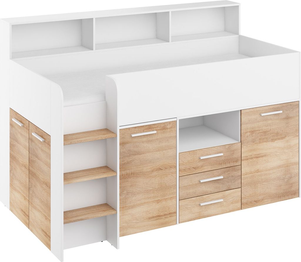 Bett mit Schreibtisch NEO L Links 80x200 cm Schlafzimmer-Sets Hochbett Etagenbett weiß / sonoma eiche