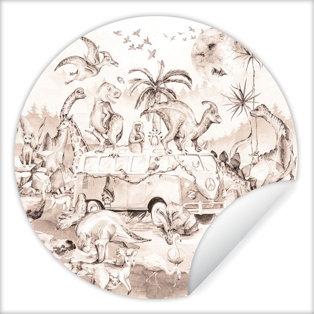 MuchoWow Runde Wandtattoo - Wandsticker Tapete Aufkleber Dinosaurier - Bus - Kinder - Tiere - Bäume Ø 30 cm Selbstklebend und Repositionierbar ...