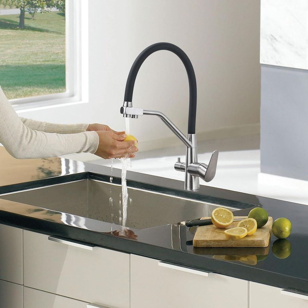 3-Wege Küchenarmatur - 3-in-1 Mischarmatur mit drehbarer Funktion - gebürstetes Nickel