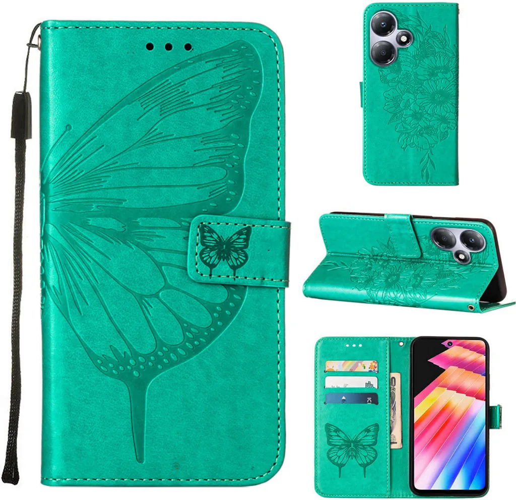 Custodia Infinix Hot 30 Play NFC - Cover a Libro Farfalla Verde in Rilievo