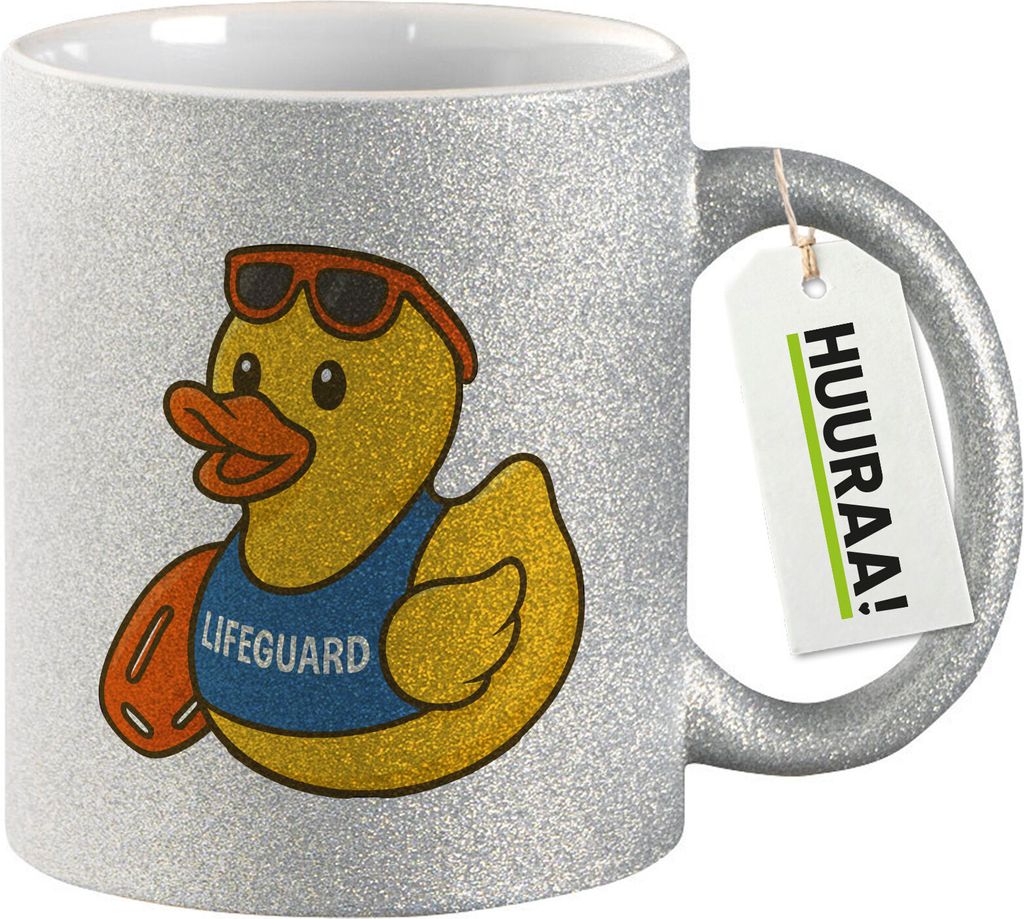 Huuraa Glitzertasse Quietscheente Bademeister Gummiente Rettungsschwimmer 330ml Silber Keramik Kaffeebecher Geschenkidee