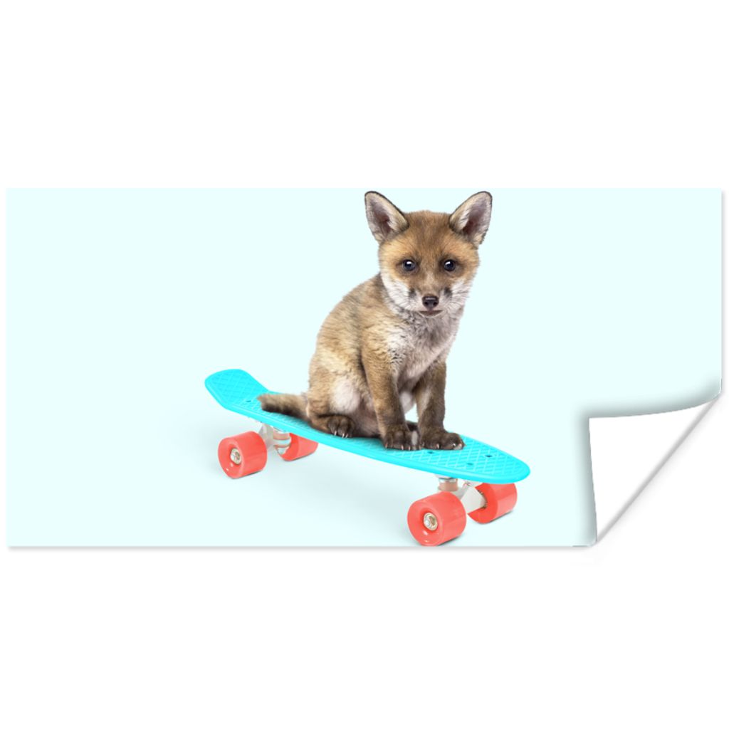 MuchoWow Poster Fuchs - Tiere - Skateboard - Blau 160x80 cm - Foto Poster