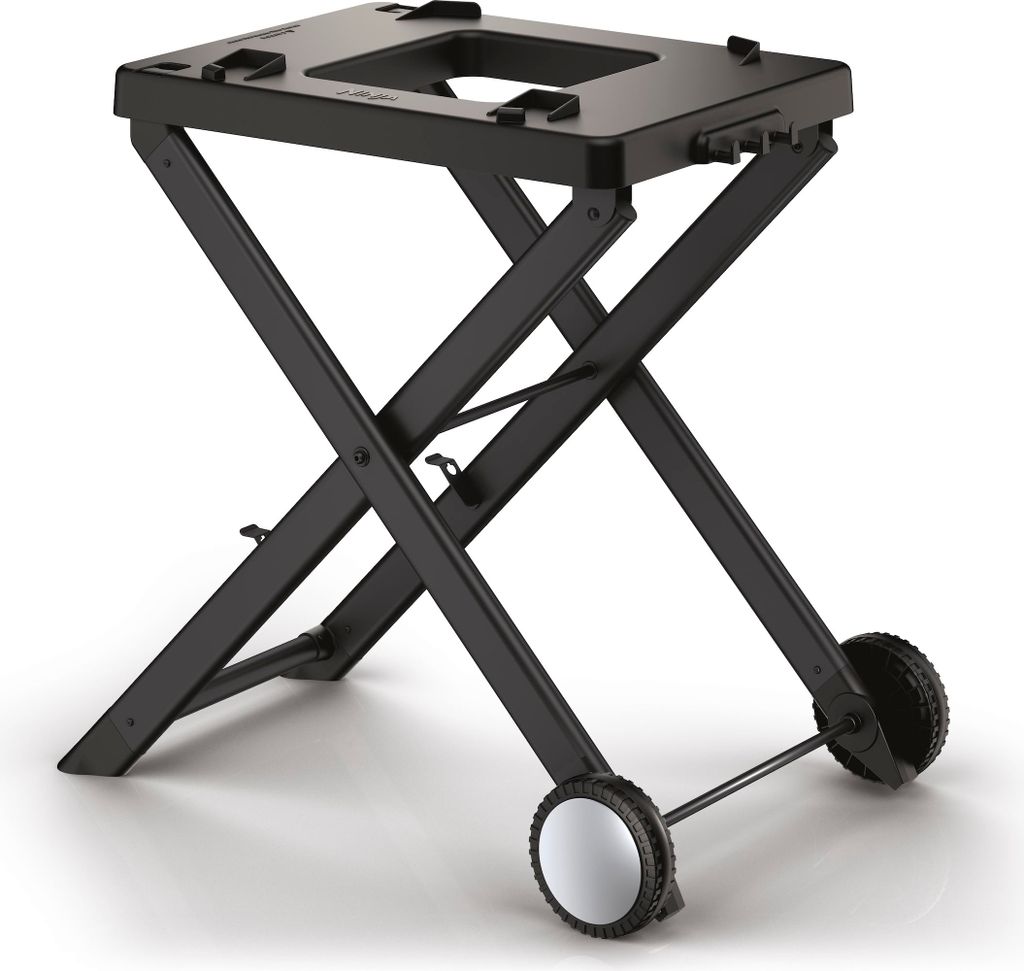 A black foldable grill stand with wheels, shown from a diagonal angle against a white background.