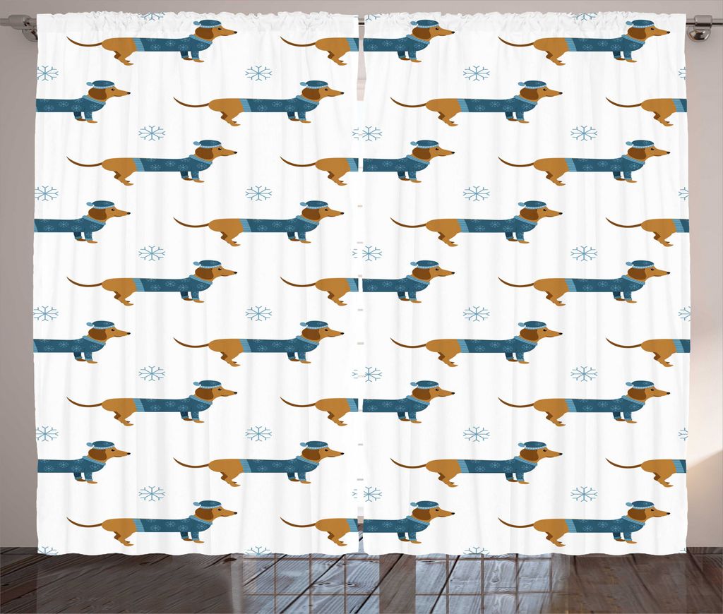 ABAKUHAUS Dackel Rustikaler Gardine, Hund in Pullover Snowflake, Schlafzimmer Kräuselband Vorhang mit Schlaufen und Haken, 280 x 245 cm, Ginger du...