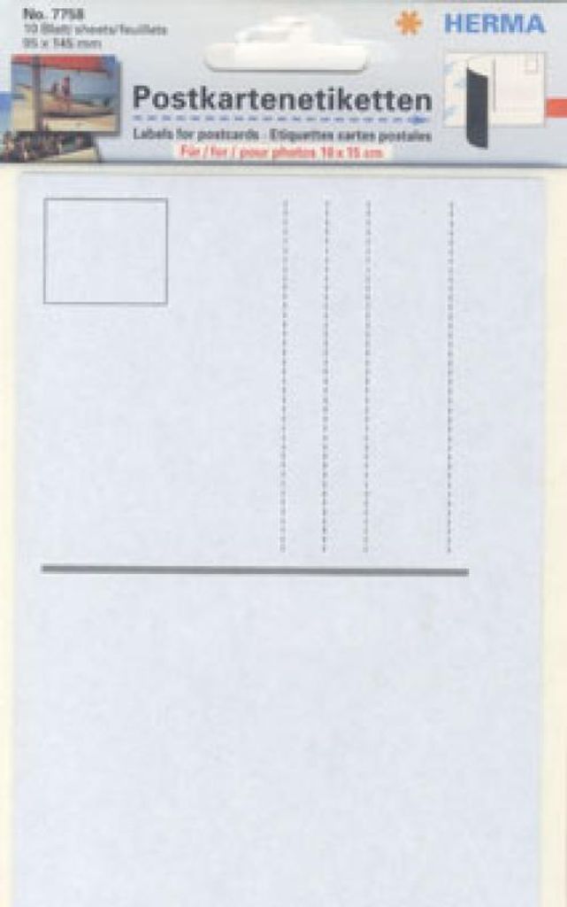 The image shows the packaging of HERMA Postkartenetiketten.