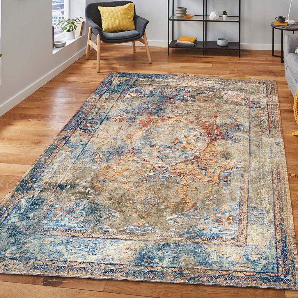 Bamyum Landon Bedruckter Teppich Chenille-Druck Maschinell Hergestellt 200x300 cm, Waschbarer Teppich Wohnzimmer, Vintage Teppich Schlafzimmer