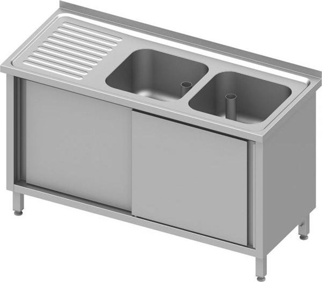 Spülschrank mit Schiebetüren 1400x600x850 mm, mit zwei Becken rechts, mit Aufkantung, verschweißt