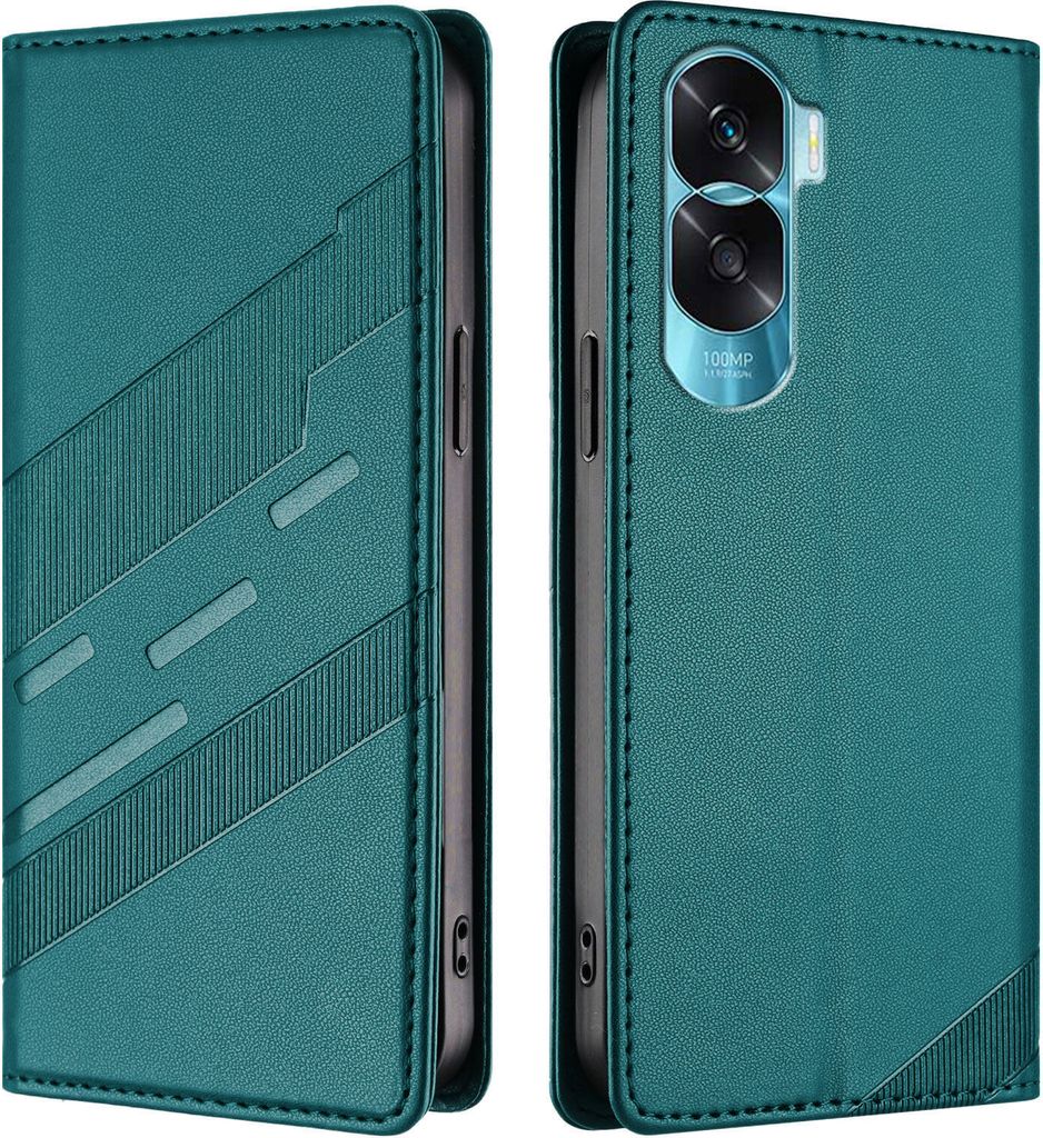 Hülle für Honor 90 Lite, Kunstleder Brieftaschen Handyhülle mit Kartenfach und Standfunktion Grün