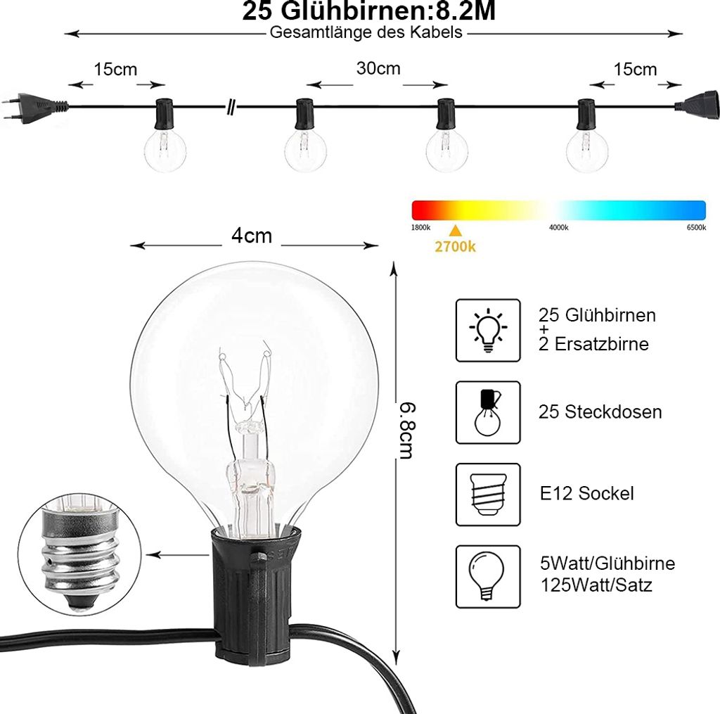Lichterkette Außen Innen Strom 25 G40 Glühbirnen,8.2M Produktbild 4