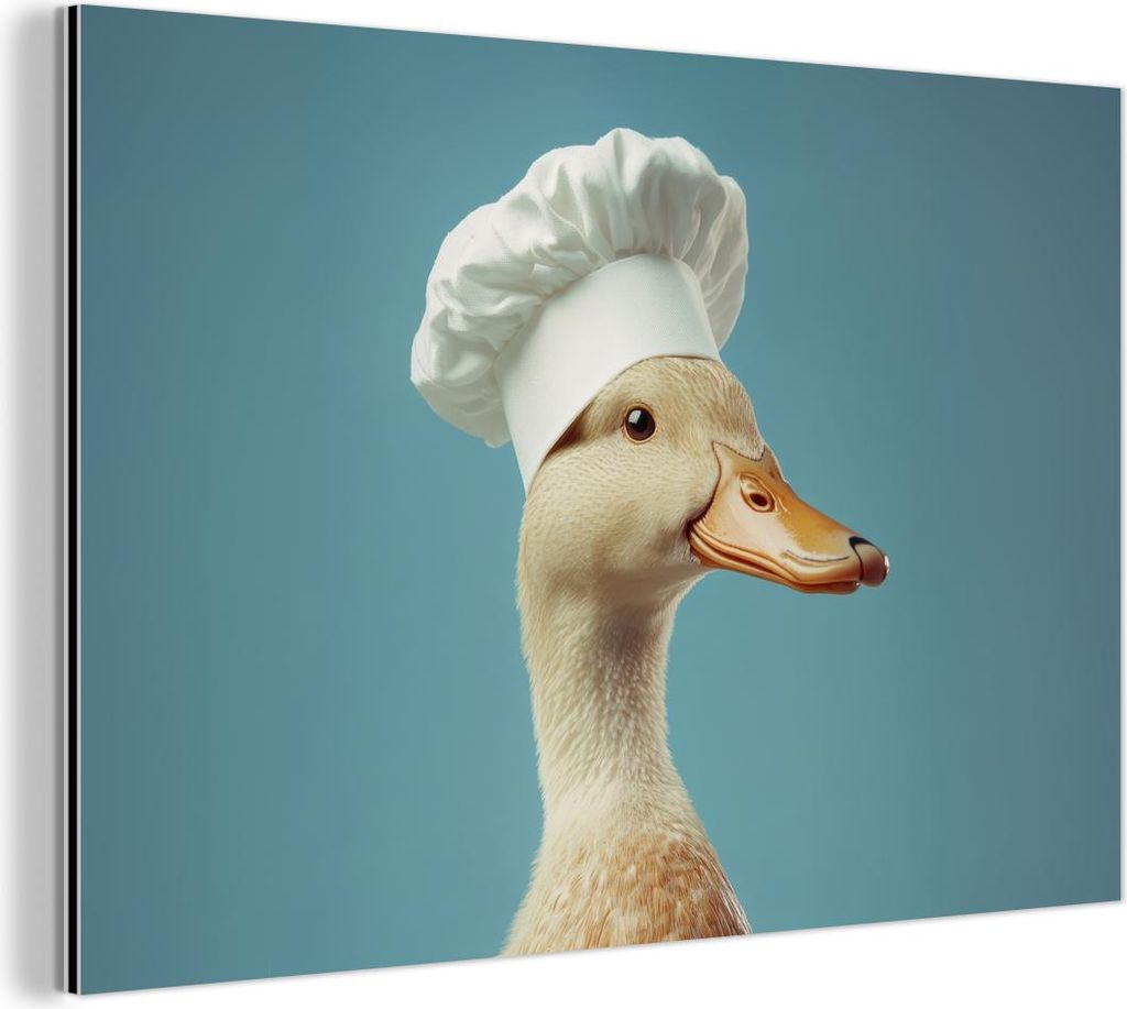 MuchoWow Wanddekoration Metall Metallbild Wandkunst 120x80 cm Ente - Kochmütze - Süß - Vogel MuchoWow Aluminium Gemälde - Alu Bild