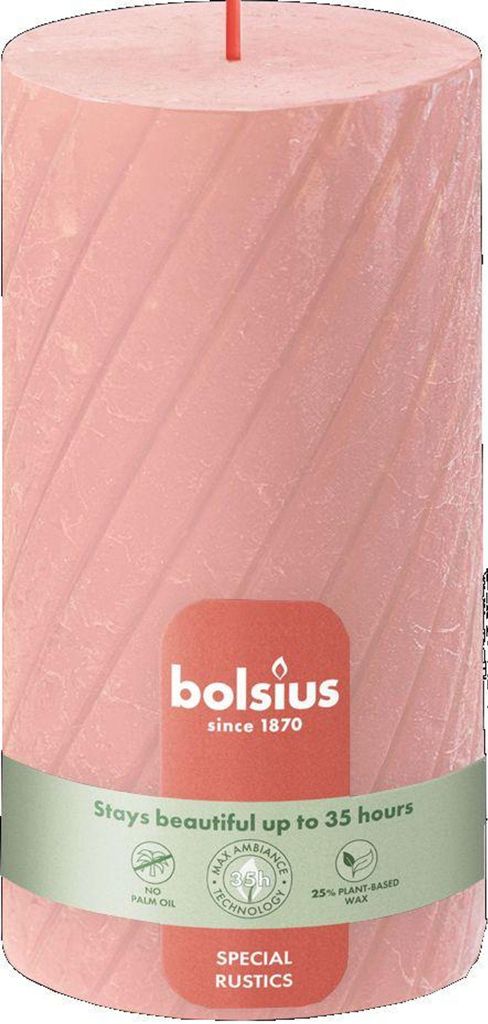 BOLSIUS Stumpenkerze Rustik Twisted Ribbed 130/68mm Nebliges Rosa