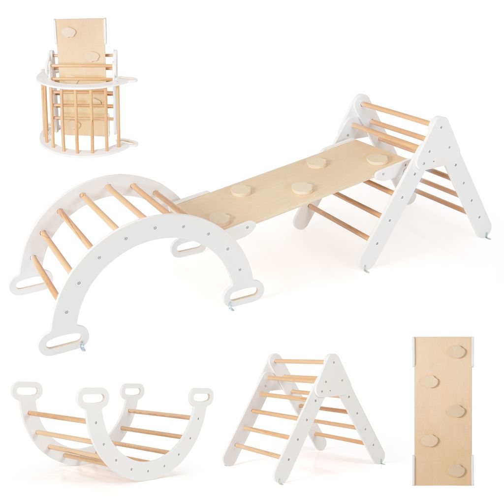 COSTWAY 4 in 1 Kletterdreieck mit Rutsche, Kletterbogen, inkl. doppelseitige Rampe, zum Klettern, Rutschen und Wippen (Weiß)