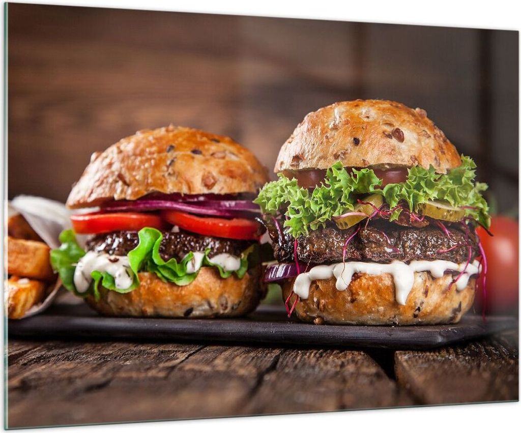 Bilder auf glas - Amerikaner Hamburger Essen Barbecue - 100x70cm - Glasbilder - Wandbilder - Kunstdruck - Wanddekoration aus Glas - Glas Bilder - W...