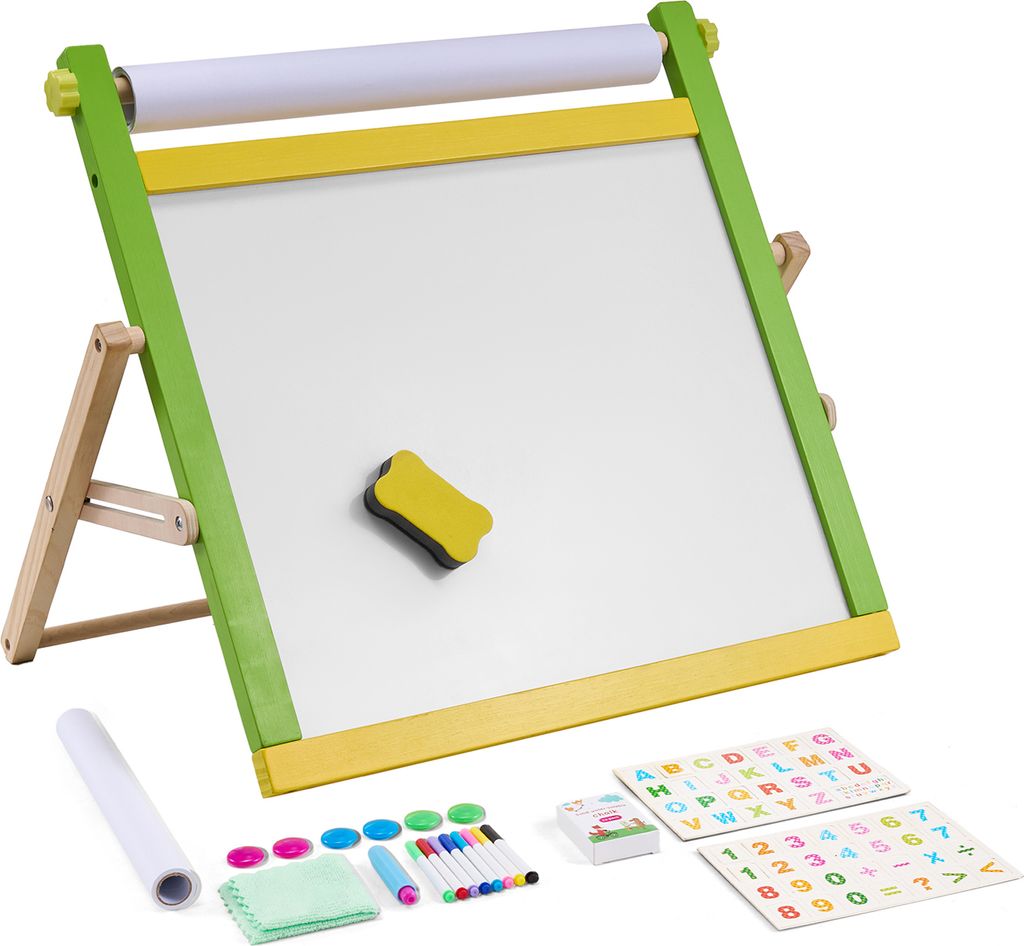 SucceBuy Tischstaffelei für Kinder, 3-in-1-Holz-Doppelseiten-Magnet-Whiteboard, Kreidetafel, Papierrolle, faltbares tragbares Zeichenbrett, Malzub...