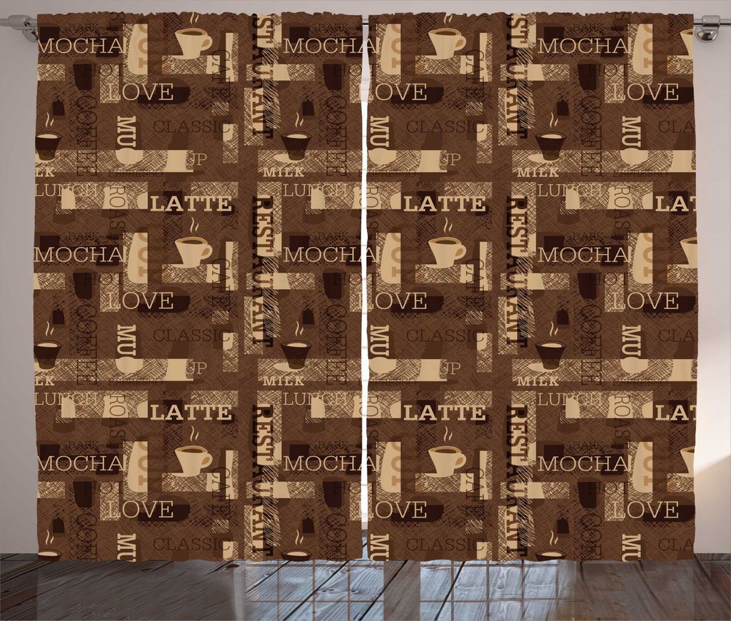 ABAKUHAUS Kaffee Rustikaler Gardine, Cafeteria Typography, Schlafzimmer Kräuselband Vorhang mit Schlaufen und Haken, 280 x 245 cm, Beige Braun