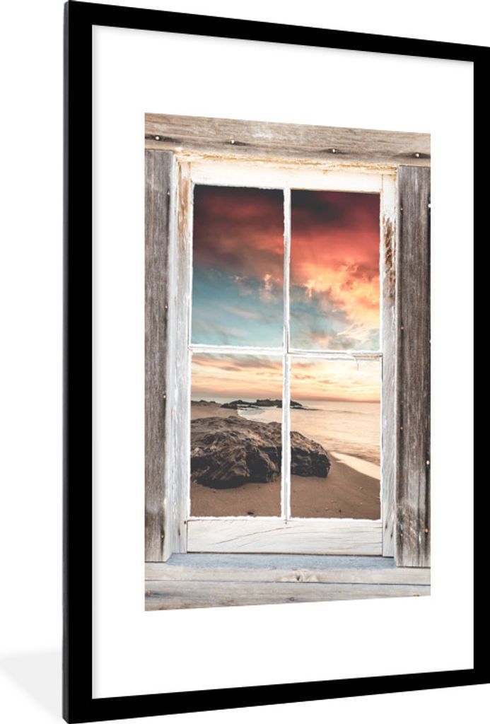 MuchoWow Gerahmtes Poster Durchblick - Holz - Strand 60x90 cm - Poster mit Schwarzem Bilderrahmen Wandposter Rahmen Foto Bilder - Dekoration - Wa...