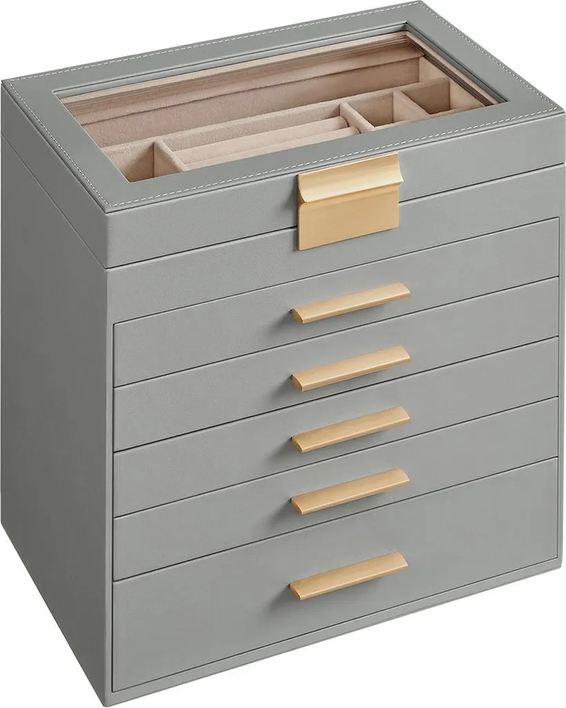 Boîte à bijoux 6 niveaux gris tourterelle et doré - Rangement XXL Luxe