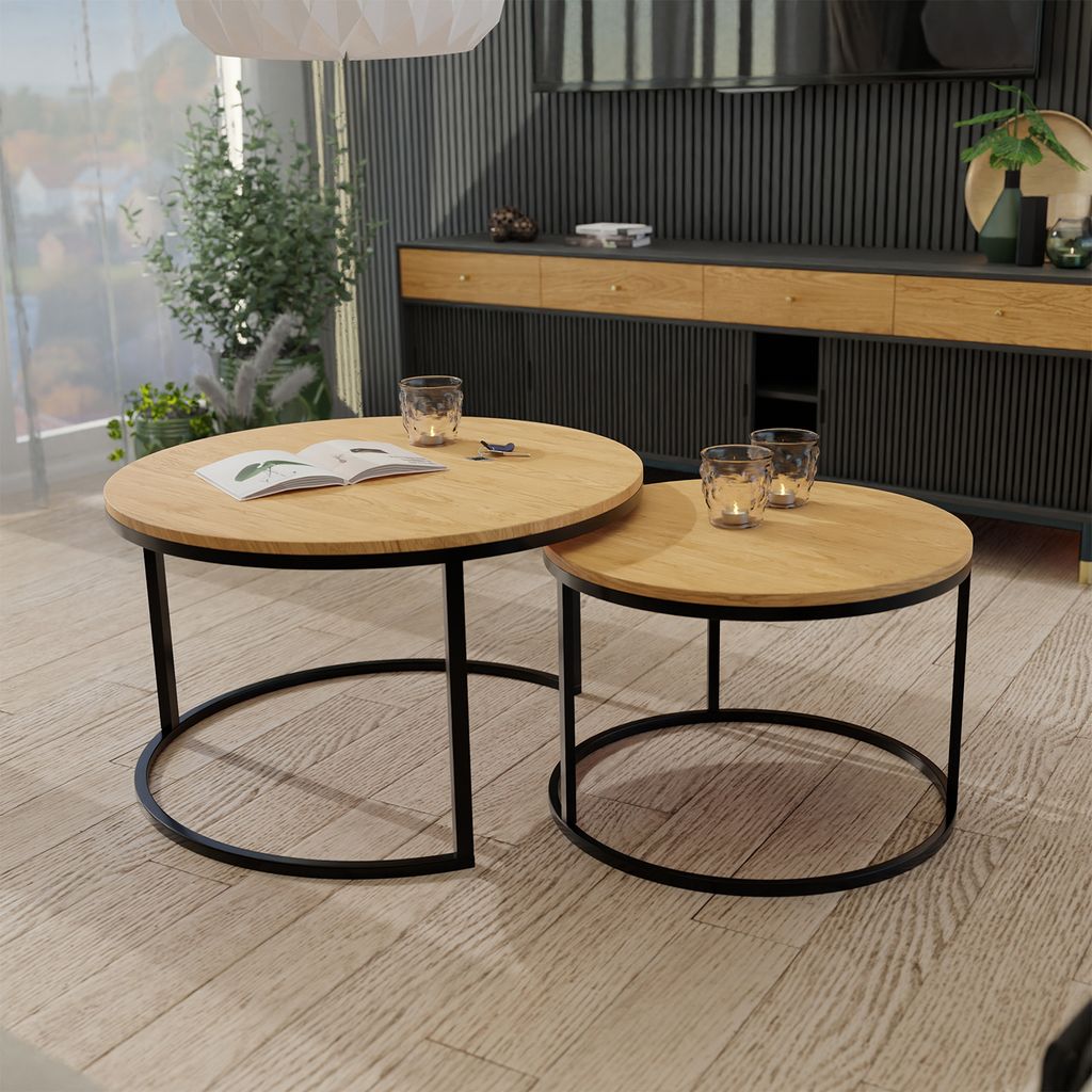 Runder Couchtisch 2in1 Lavo mit Metalgestell Artisan Beistelltisch Wohnzimmertisch Stapelbar Set 2er Modernes Design Sofatisch Farbe: Schwarz / Art...