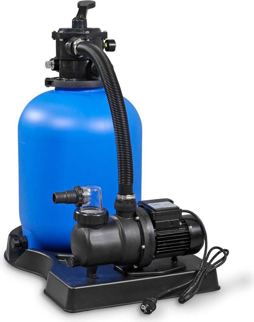A blue sand filter with a black pump and hose, set against a white background.