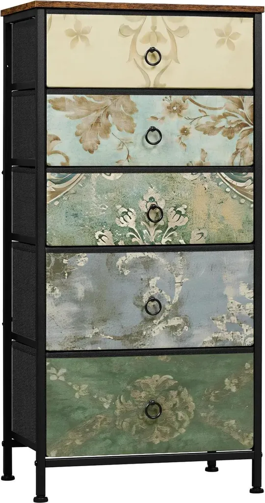 Mobile da soggiorno - cassettiera - 5 cassetti in tessuto - motivo floreale - 45,5 x 95,5 x 30 cm - carico massimo 65 kg - Bordeaux