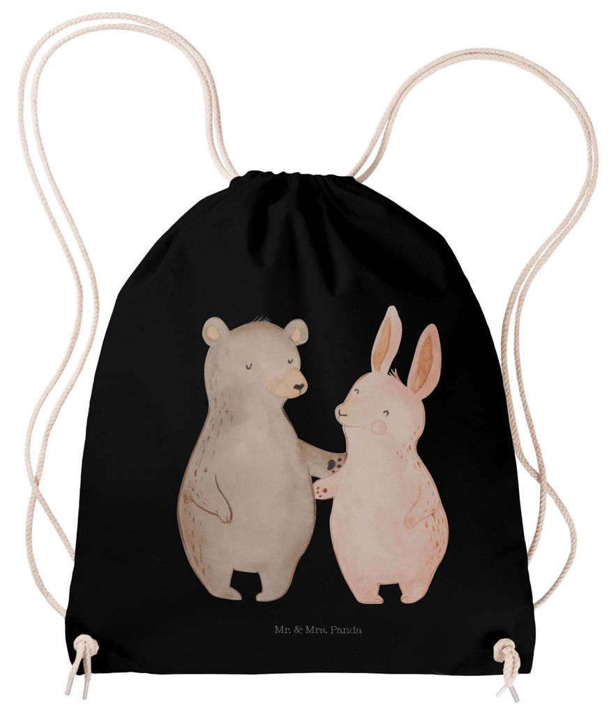 Mr. & Mrs. Panda Turnbeutel Bär und Hase Umarmen - Schwarz - Geschenk, Sportbeutel, wander rucksack, Beutel, Stoffbeutel, für Immer, BFF, Jutebeu...