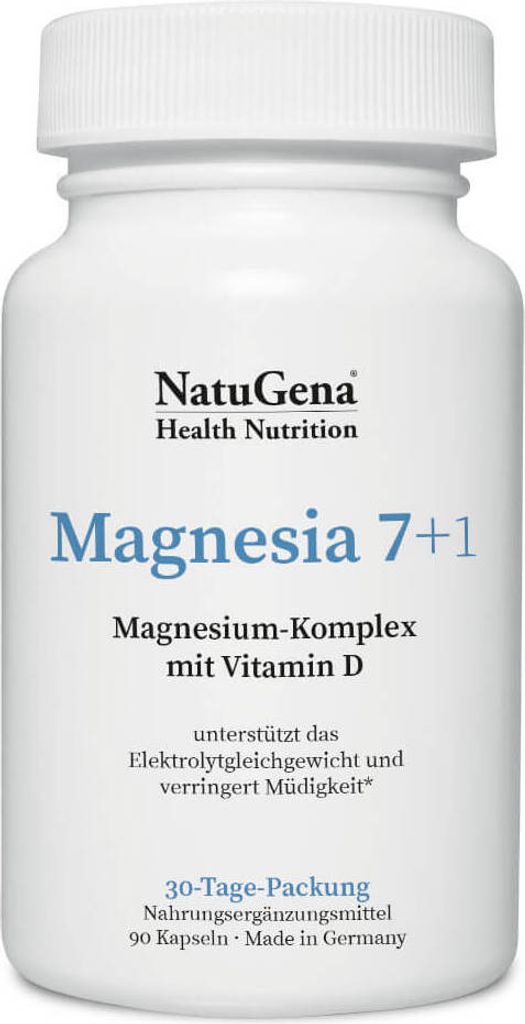 NatuGena Magnesia 7+1 | 90 Kapseln | Komplex mit Vitamin D & 7 Magnesiumformen | Für optimale Absorption und Gesundheitsförderung