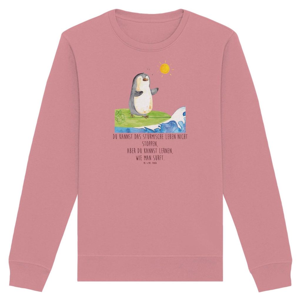 Mr. & Mrs. Panda Bio Baumwoll Pullover Pinguin Surfer Größe M - Canyon Pink - Geschenk, Sweatshirt, Optimistisch, Urlaub, Motiviert, Pulli, Portu...