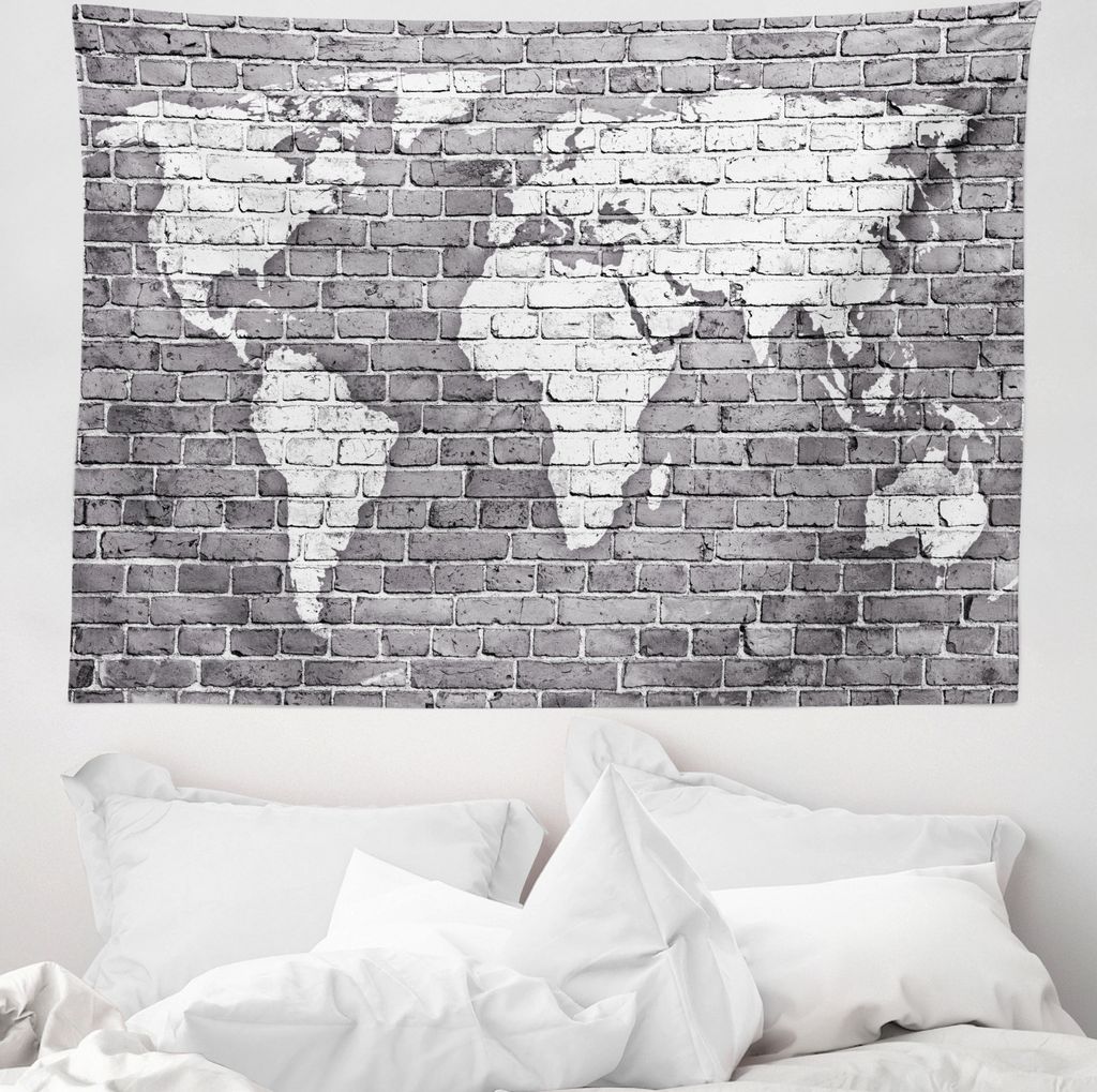 ABAKUHAUS Fernweh Wandteppich, Weltkarte auf Old Brick aus Weiches Mikrofaser Stoff Waschbar ohne Verblassen Digitaldruck, 150 x 110 cm, Pale Grau ...