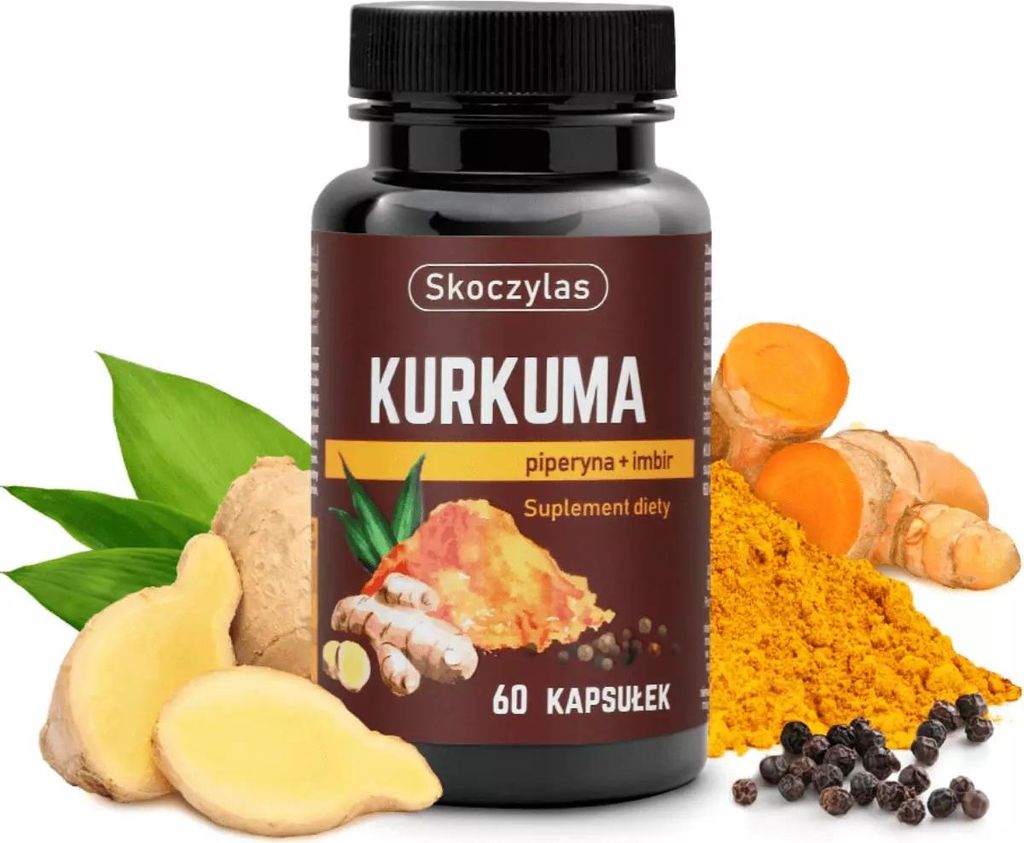 A bottle of Skoczylas Kurkuma supplement surrounded by fresh turmeric roots, ginger, and black peppercorns.