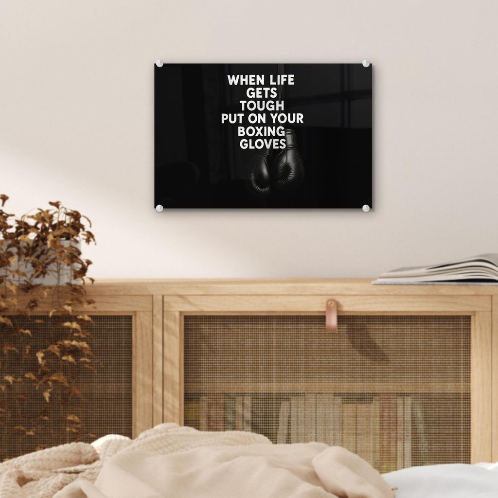 MuchoWow Glasbilder - Bilder auf Wandbild - Foto auf Glas Text - Boxhandschuhe - Weiß 30x20 cm Wanddekoration aus Glas - Acrylglasbild - Acrylbild...