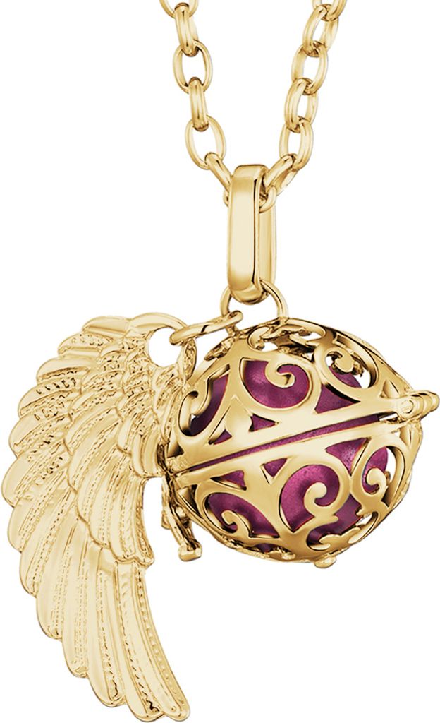 Morella Damen Halskette gold Edelstahl 70 cm mit goldenem Anhänger Engelsflügel und Klangkugel rosa Ø 16 mm in Schmuckbeutel