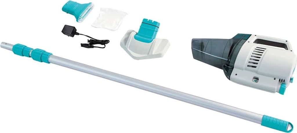 A pool vacuum cleaner set with accessories laid out on a white background.