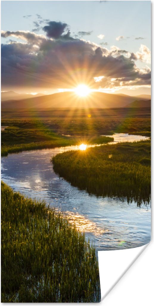 MuchoWow Poster Sonnenuntergang über einem ruhigen Fluss 60x120 cm - Wandschmuck