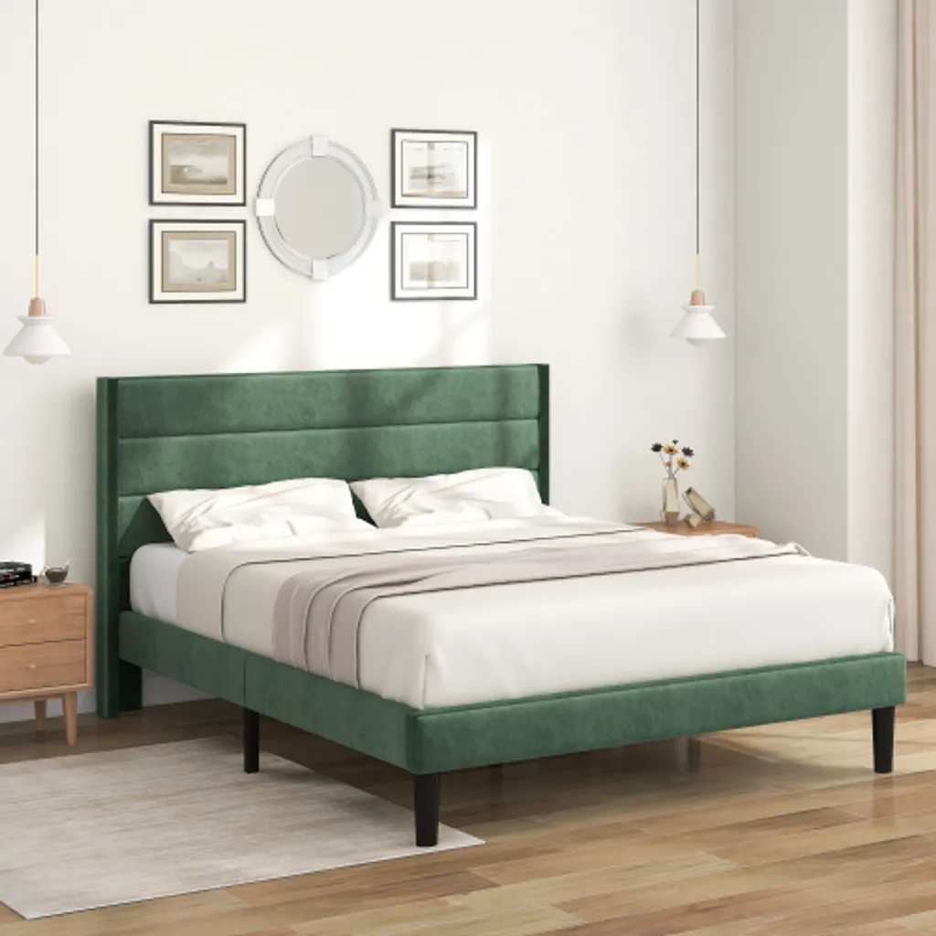 Lit double en velours vert foncé 140x200cm avec sommier à lattes intégré