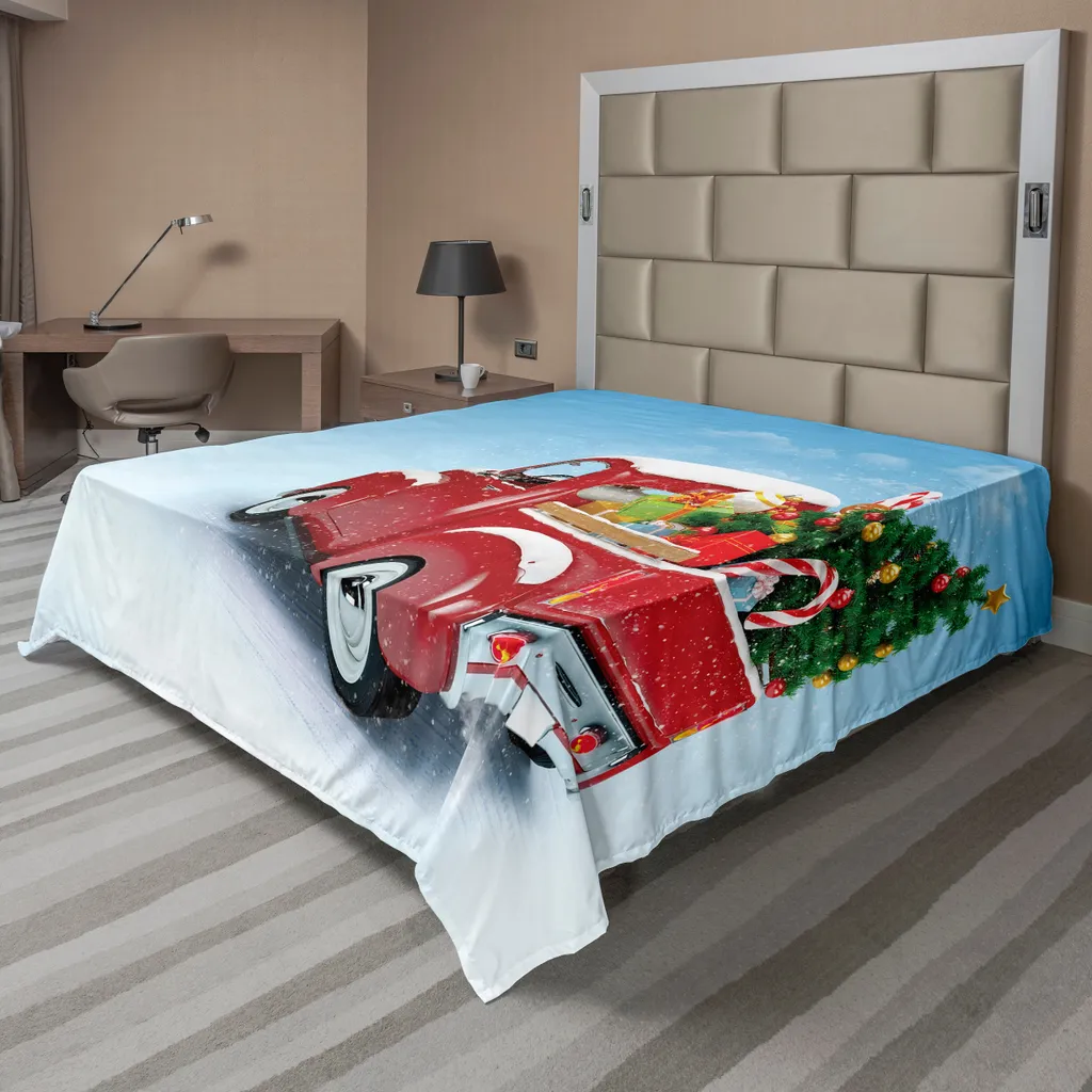 Drap Plat de Noël Décoratif Camionnette Rouge en Tissu Doux 260x228cm
