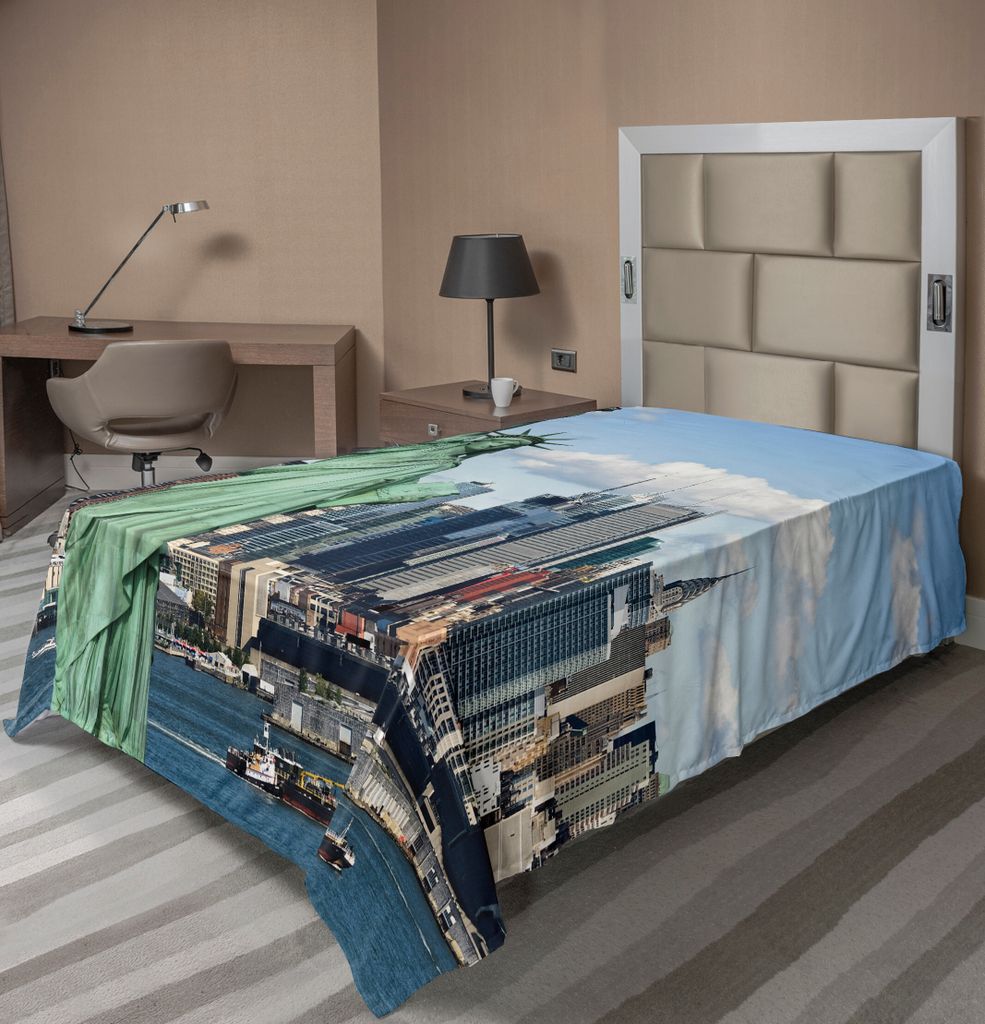 ABAKUHAUS New York Bettlaken, Freiheitsstatue und Manhattan-Insel in einer warmen Frühlingstag-Landschaftsfotografie, weiches bequemes oberes Bett...