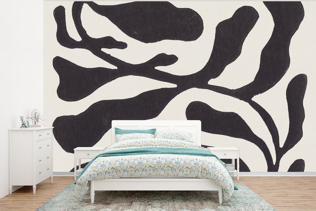 MuchoWow Fototapete für Wohnzimmer oder Schlafzimmer Wandtapete Vinyl Motivtapete Blätter - Pflanze - Pastell - Schwarz - 400x300 cm - Papierta...