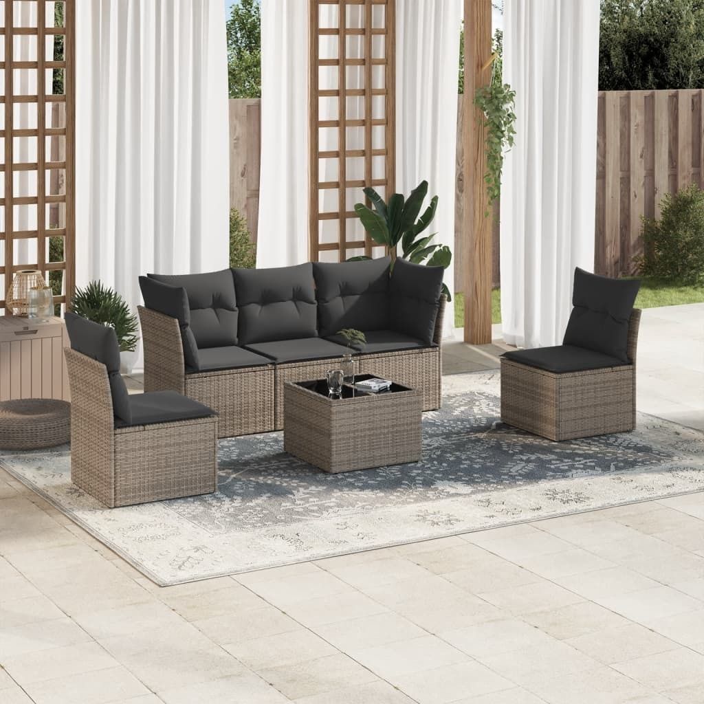 Design 6-tlg. Garten-Sofagarnitur mit Kissen Grau Poly Rattan, Gartenmöbel-Sets 2024 Neu