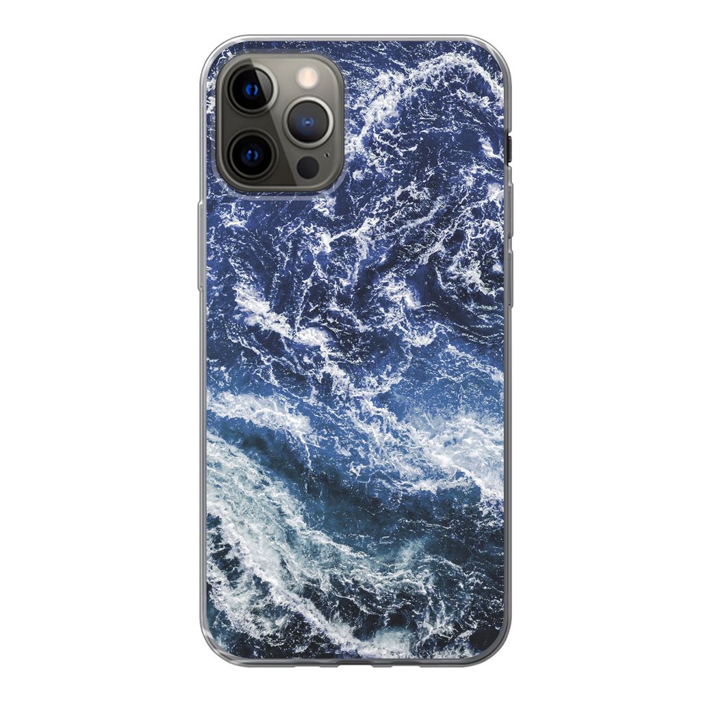 MuchoWow Handyhülle Schutzhülle Hülle für iPhone 12 Pro Naturstein - Blau - Weiß Silikon Softcase Handy Hülle - Abdeckung