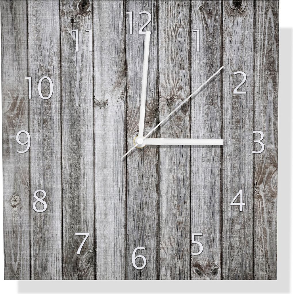 Wallario Design Wanduhr Holz-Optik Textur hellgraues Holz Paneele Dielen mit Asteinschlüssen aus Aluverbund, Größe 30 x 30 cm