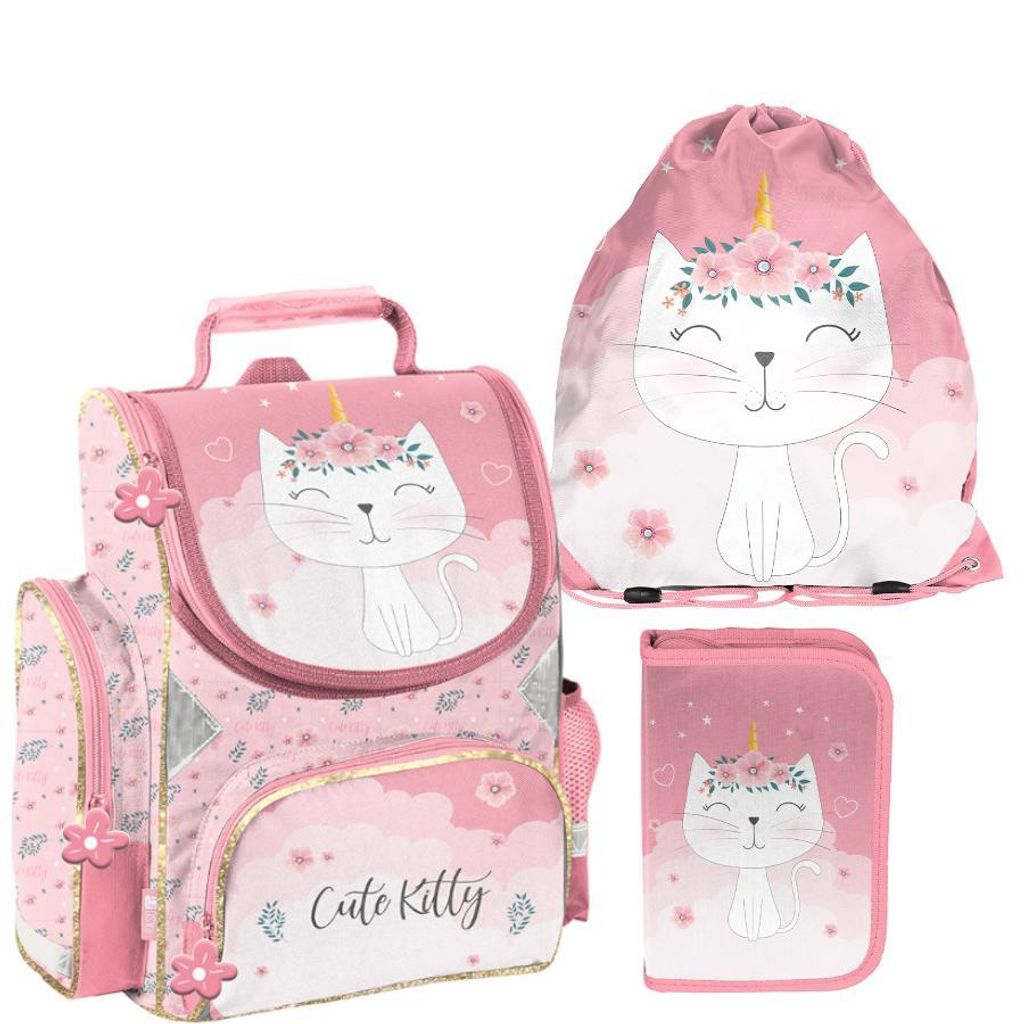 Schulranzen 3-tlg. Set für Mädchen & Jungen KITTY KÄTZCHEN– Paso Ranzen, Mäppchen, Tasche ROSA